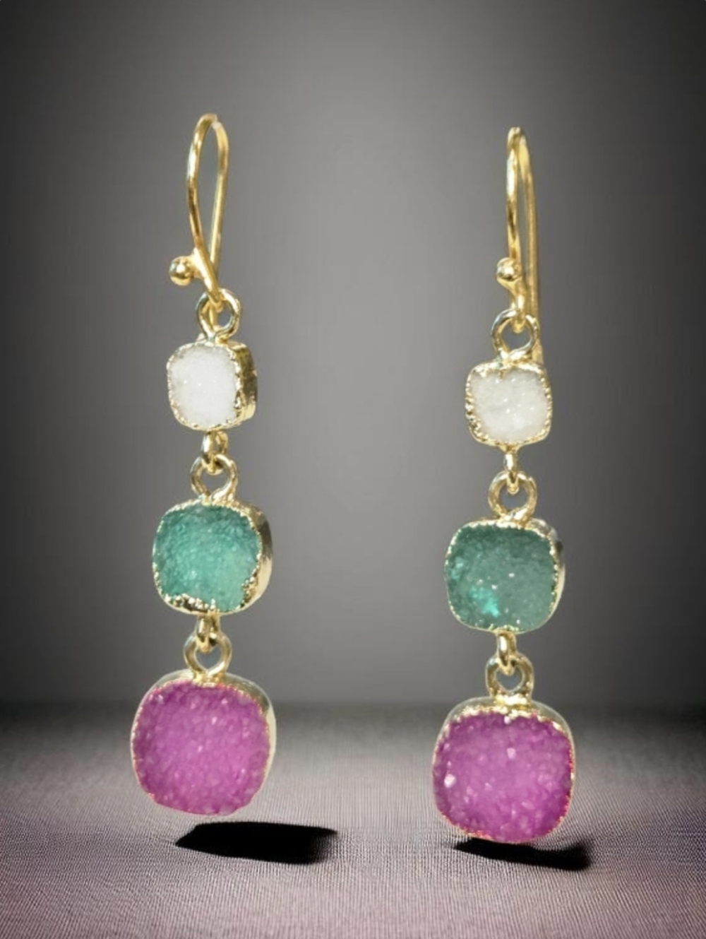 18k Gold Plated Artisan Sugar Crystal Drop Dangle Earrings